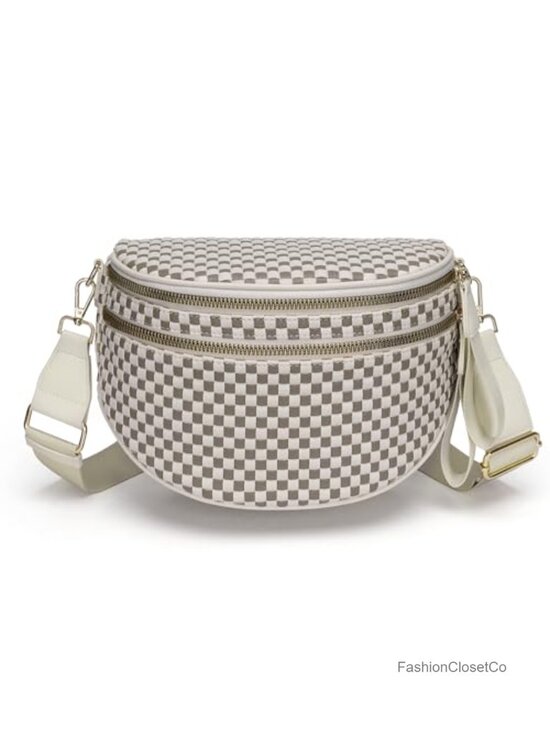 Handbags - Checkered Woven Vegan Leather Double Zip Sling Purse Fanny Pack Belt Bag